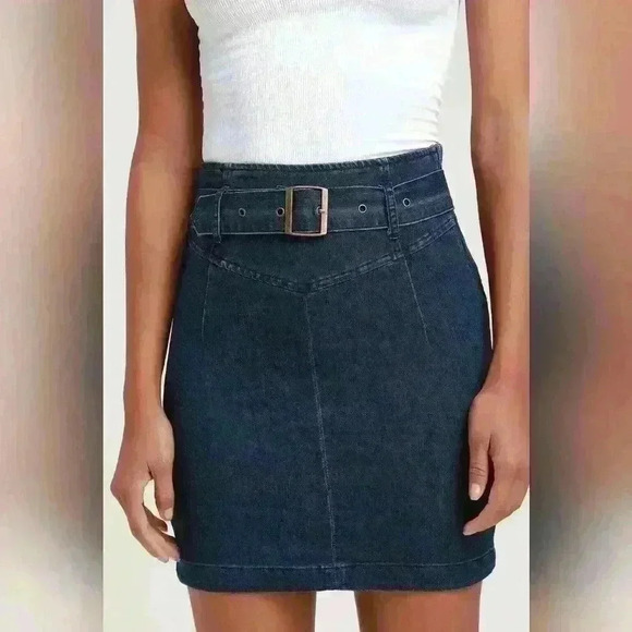 Free People - Livin It Up Denim Pencil Mini Skirt - Denim Blue sz 12 - Picture 3 of 7
